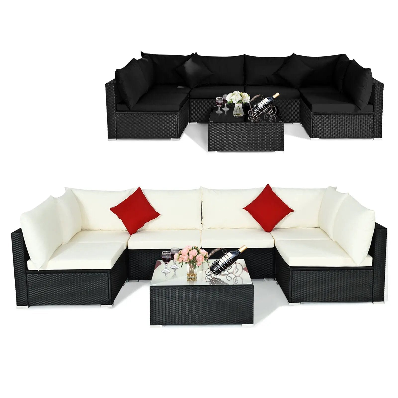 7 Pieces Sectional Wicker Furniture Sofa Set with Tempered Glass Top-Red by DirectDeals