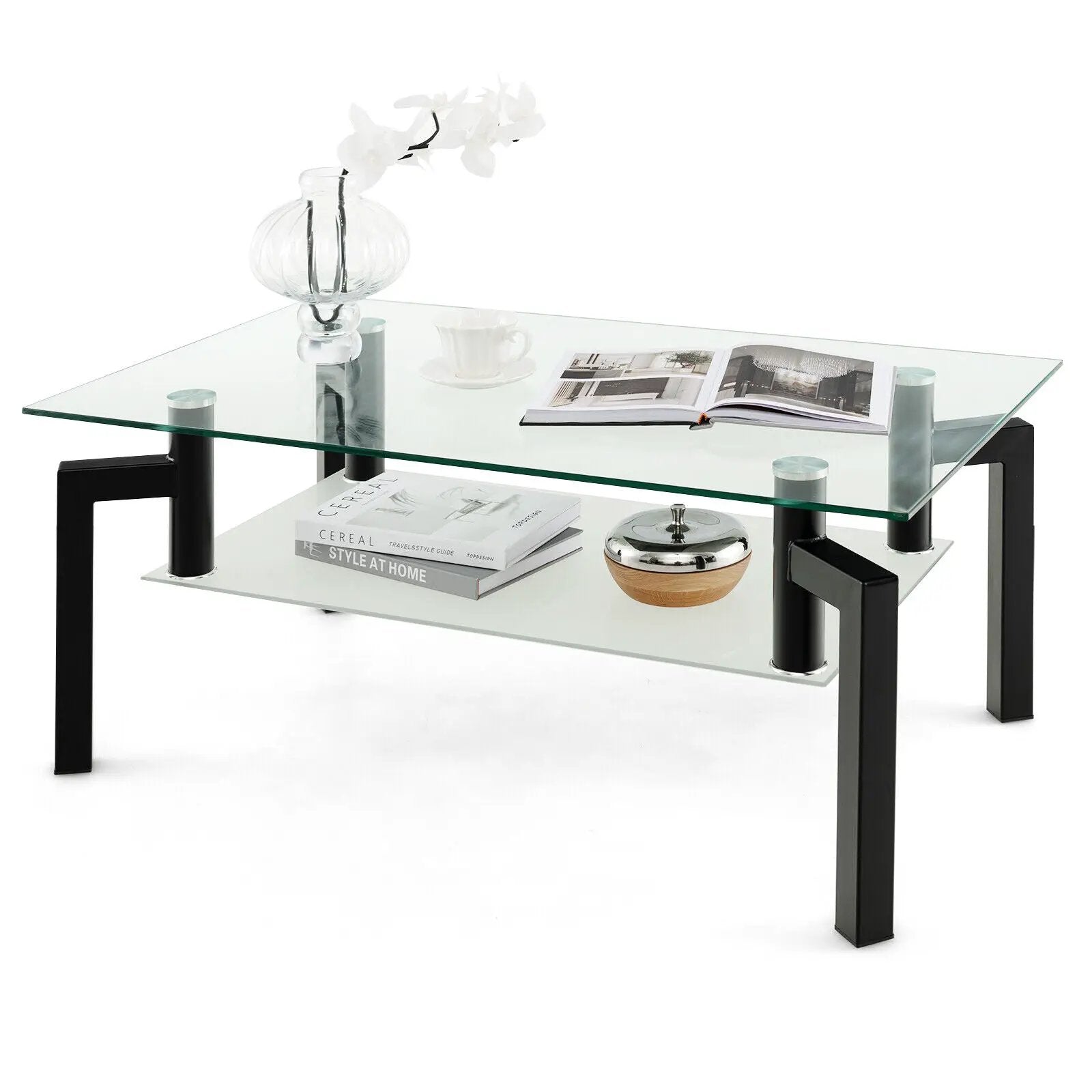 2-Tier Rectangular Glass Coffee Table with Metal Tube Legs-Black by DirectDeals