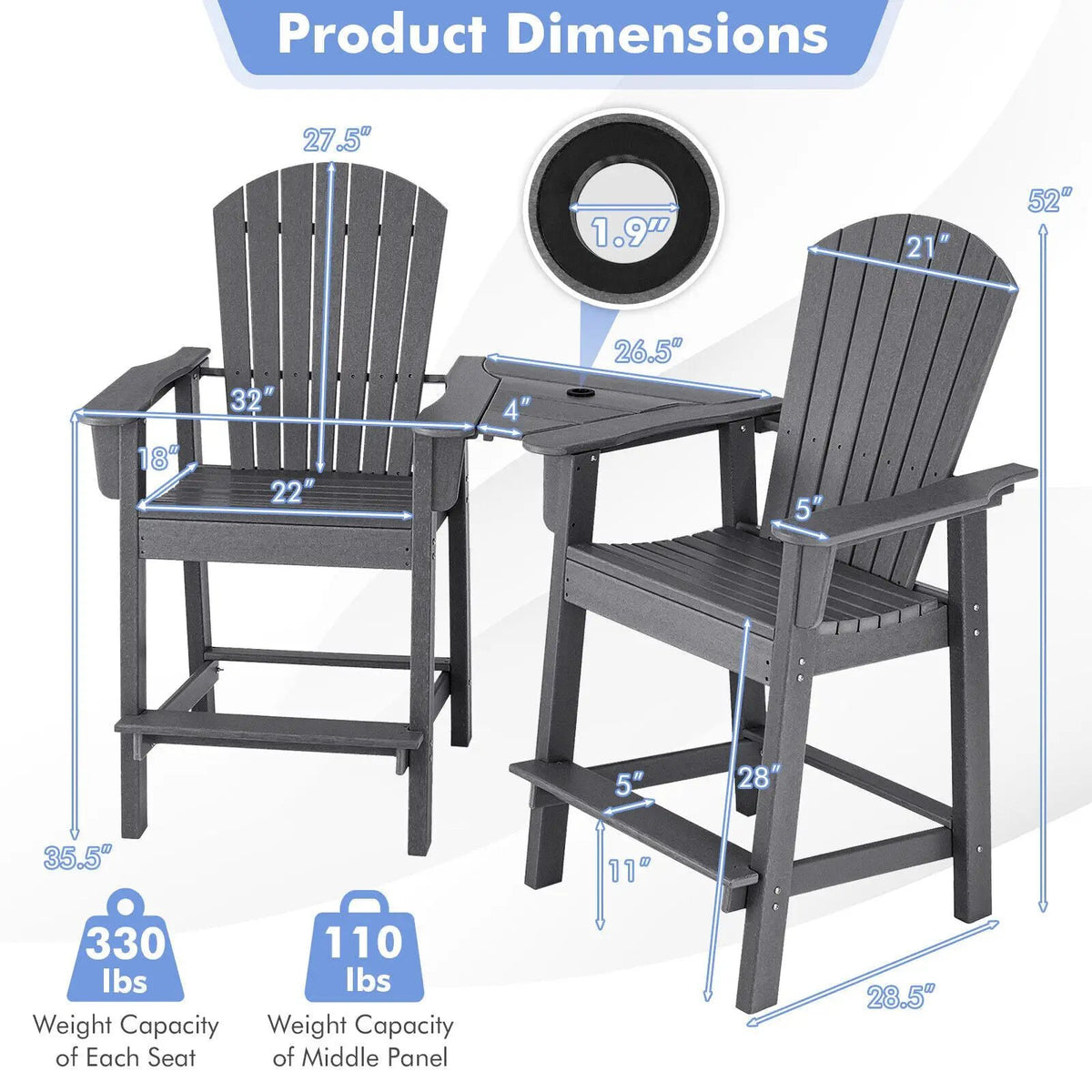 2 Pieces HDPE Tall Adirondack Chair with Middle Connecting Tray by DirectDeals