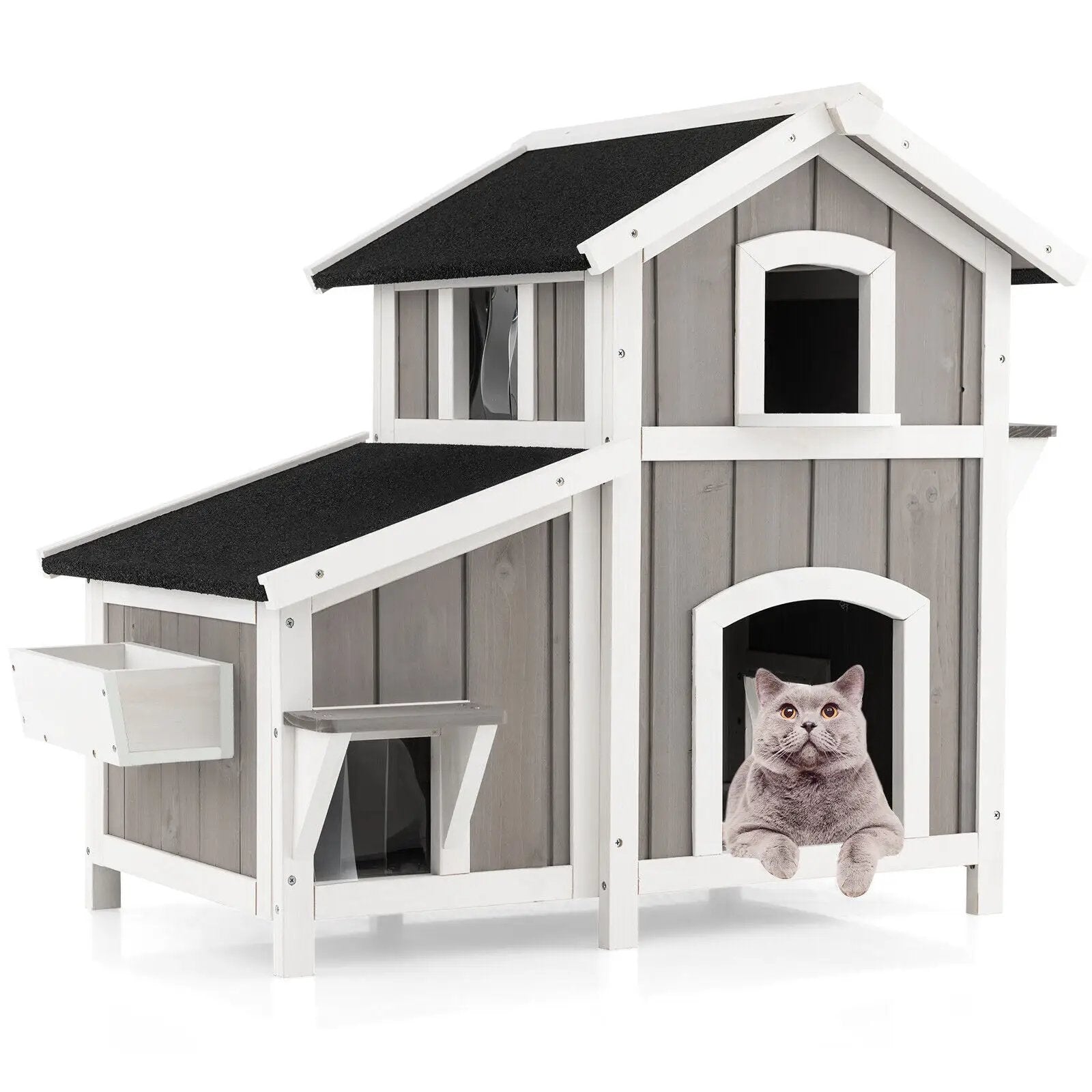2-Story Outdoor Wooden Feral Cat House with Escape Door-Grey by DirectDeals