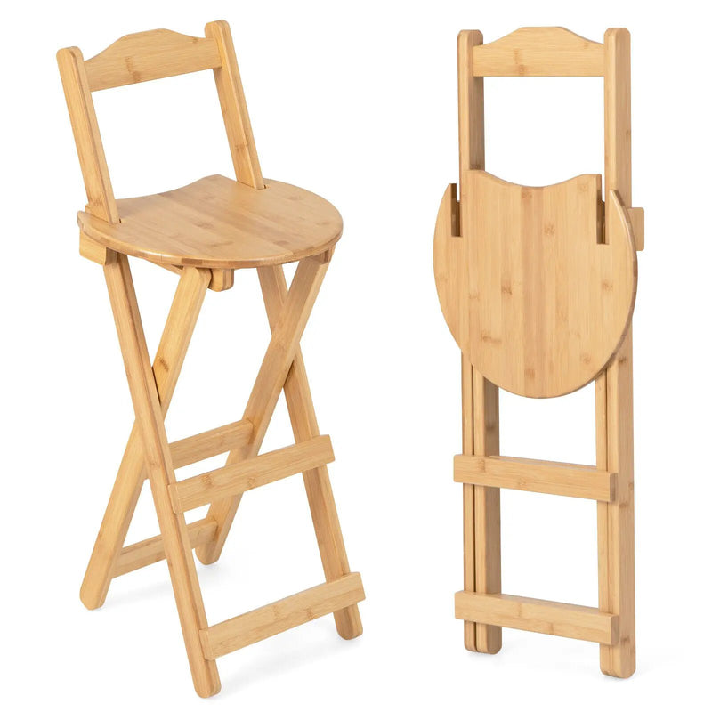 24 Inch Set of 2 Bamboo Folding Barstools with Footrests and Handles-Natural by DirectDeals