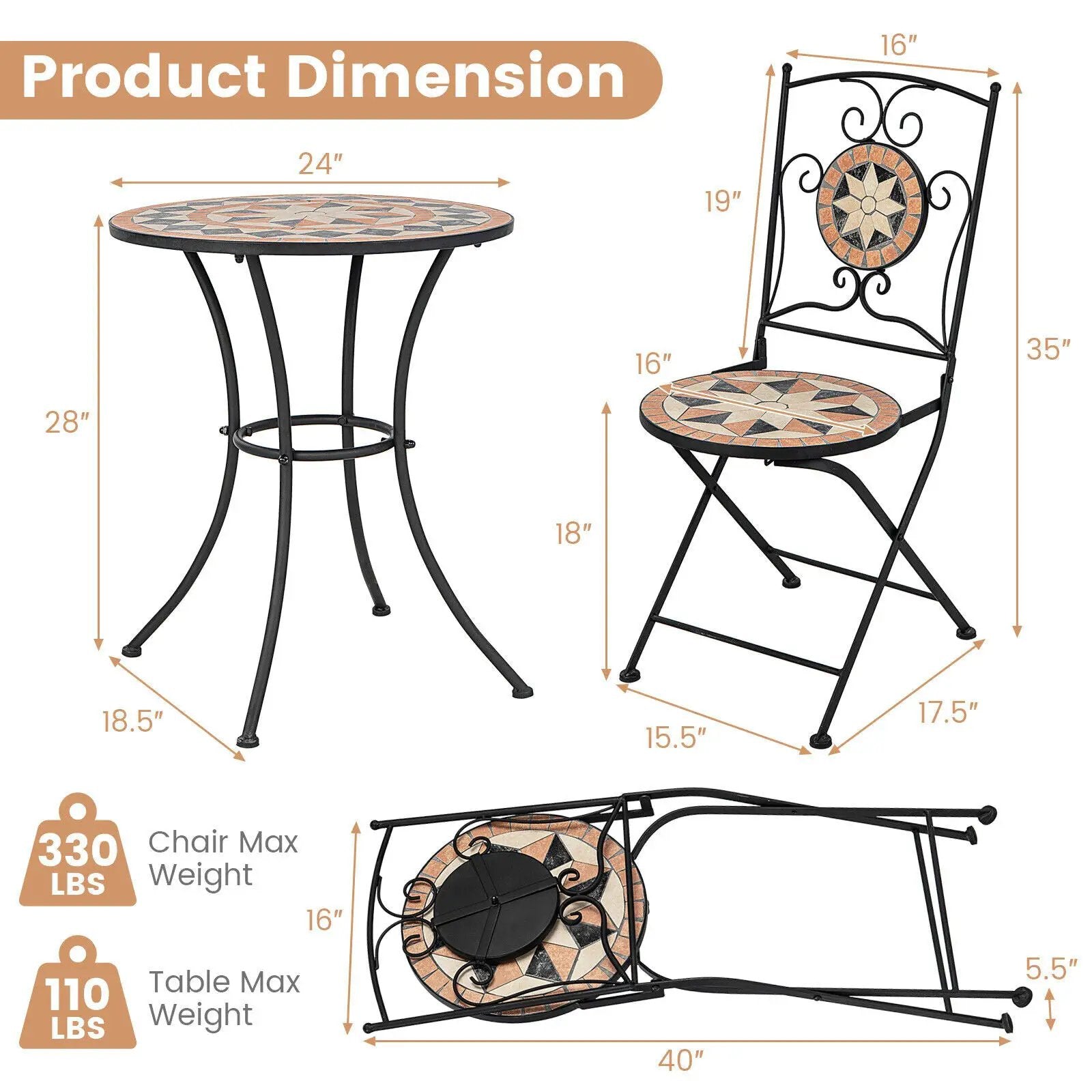 3 Pieces Patio Bistro Set with 1 Round Mosaic Table and 2 Folding Chairs by DirectDeals