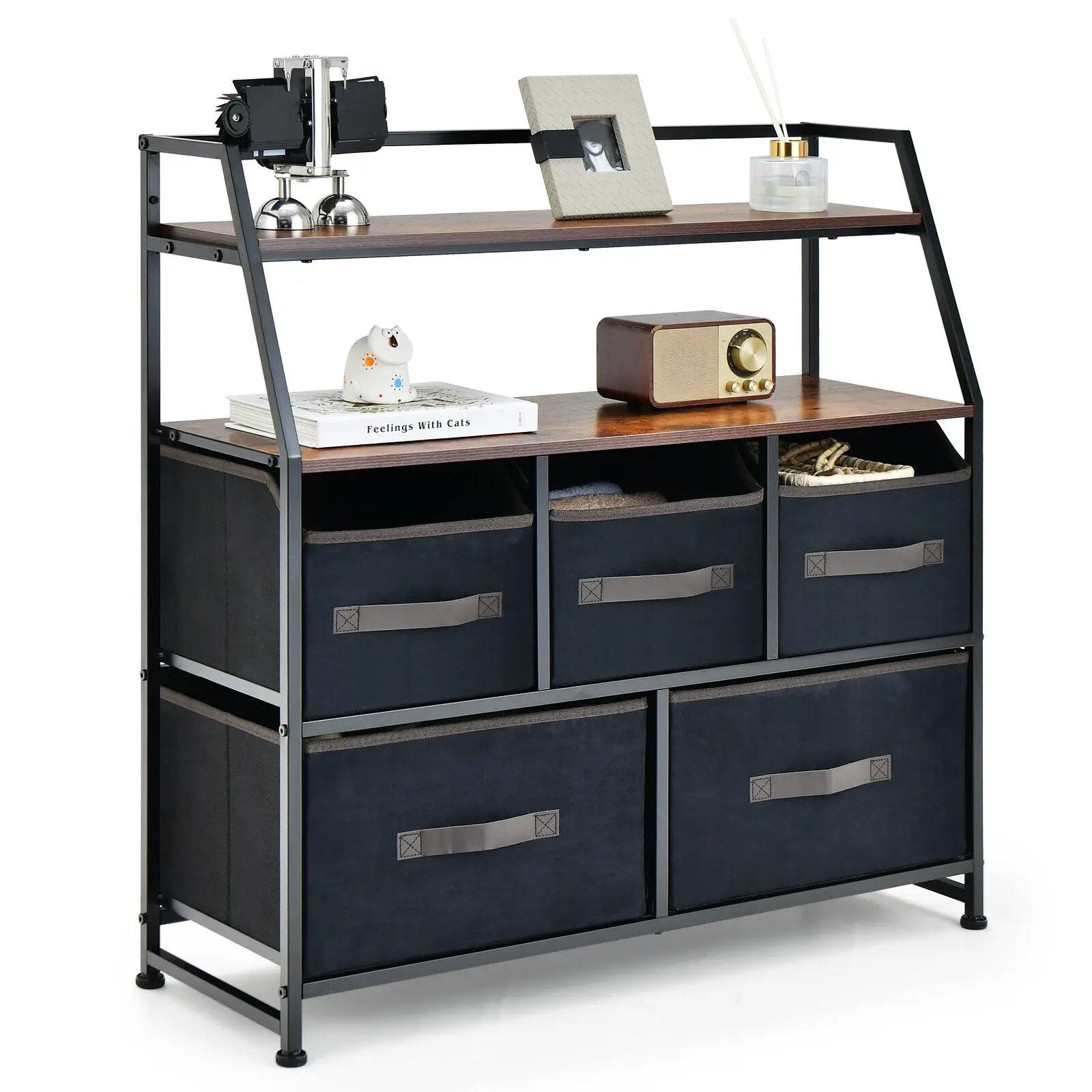 5 Drawers Storage Dresser with Fabric Bin for Living Room Bedroom-Black by DirectDeals