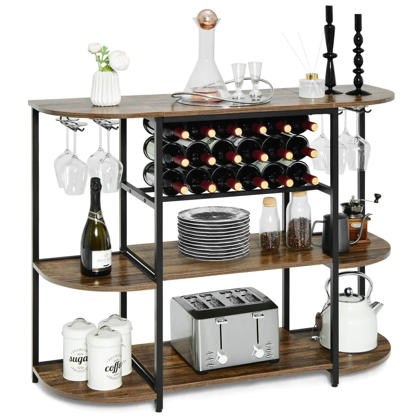 47 Inches Wine Rack Table with Glass Holder and Storage Shelves by DirectDeals