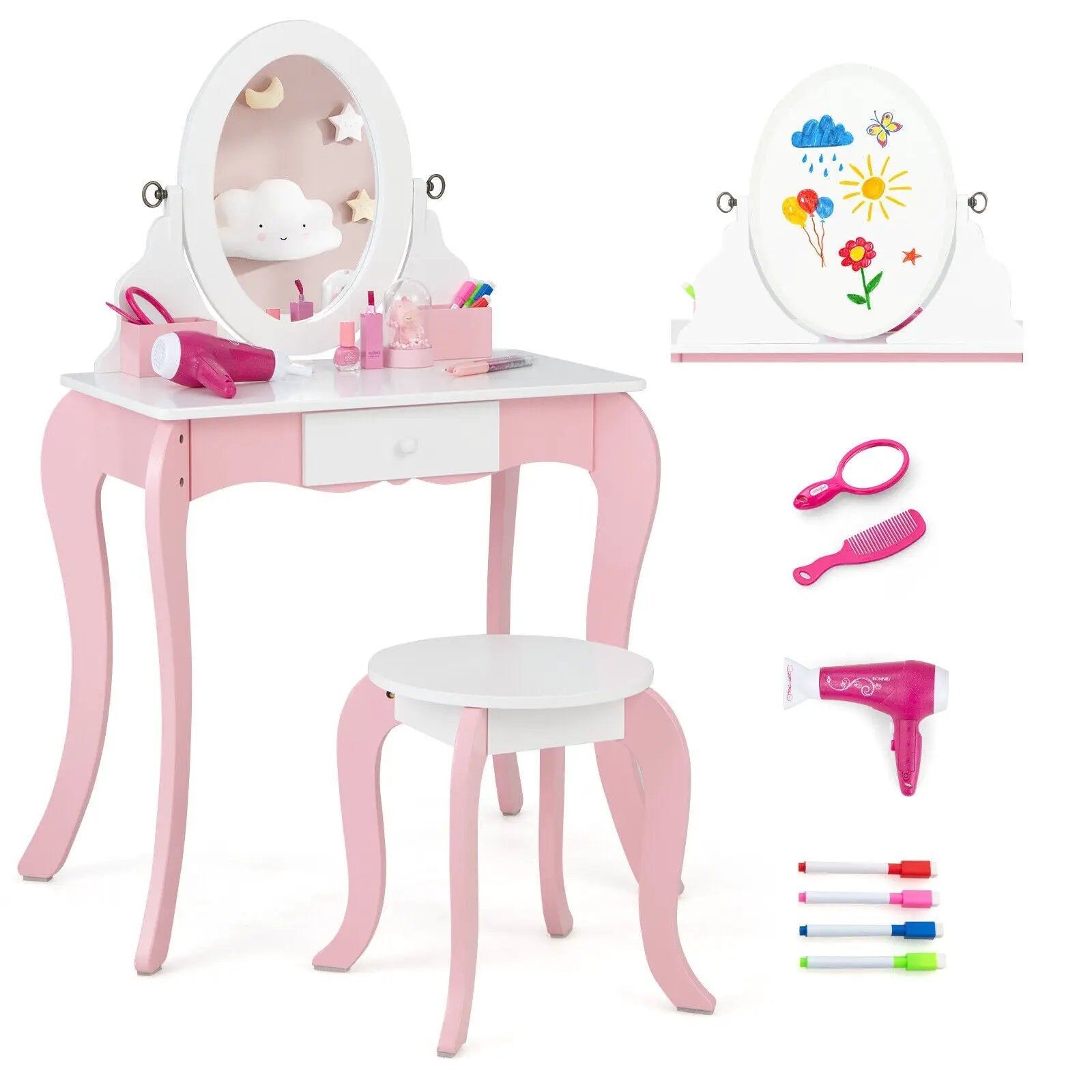 Pretend Kids Vanity Set with 360° Rotatable Mirror and Play Accessories by DirectDeals