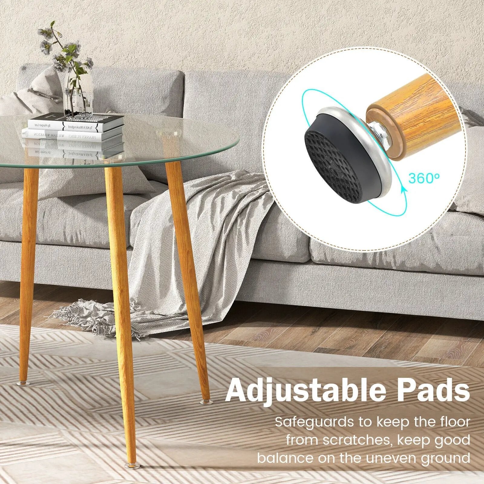 Round Glass Dining Table Leisure Coffee Table with Metal Legs-Natural by DirectDeals