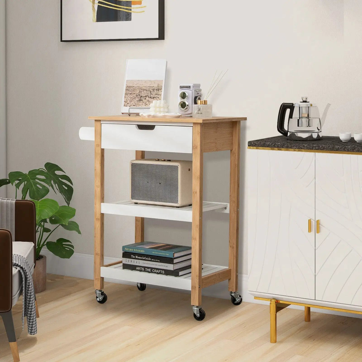 3-Tier Kitchen Island Cart Rolling Service Trolley with Bamboo Top by DirectDeals