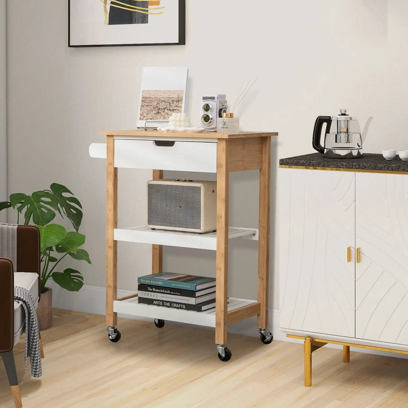 3-Tier Kitchen Island Cart Rolling Service Trolley with Bamboo Top by DirectDeals