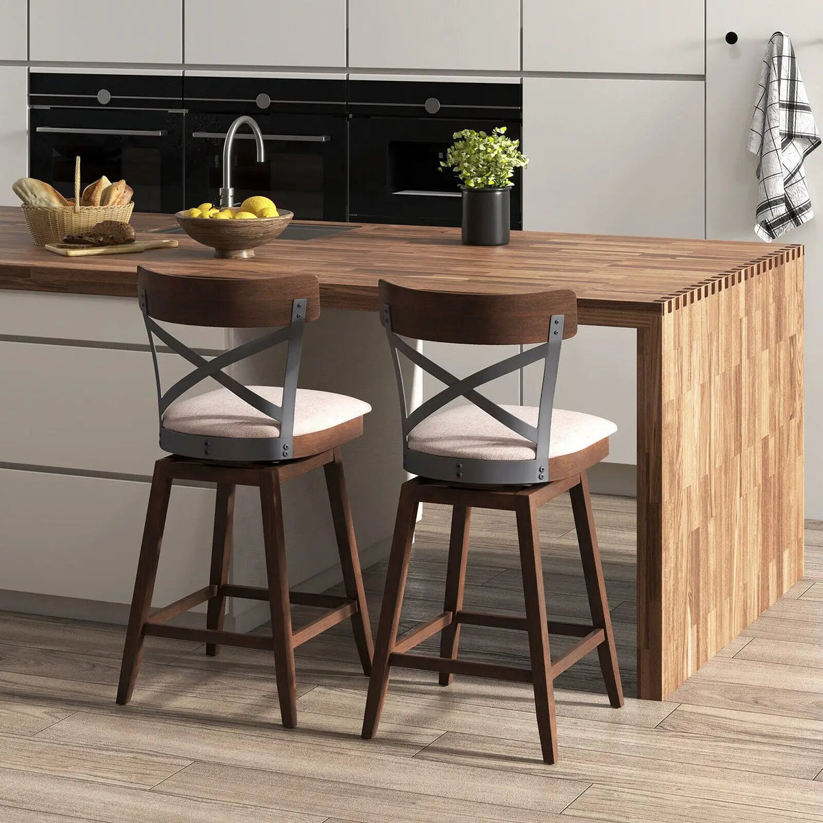 Set of 2 Wooden Swivel Bar Stools with Cushioned Seat and Open X Back by DirectDeals
