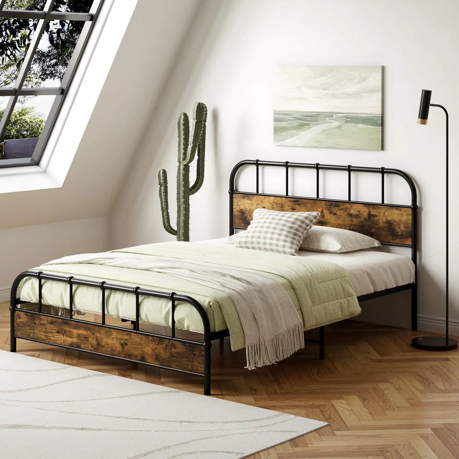 Queen Size Industrial Metal Platform Bed Frame Headboard Mattress Foundation by DirectDeals