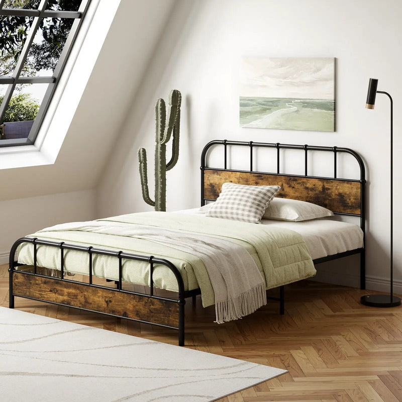 Queen Size Industrial Metal Platform Bed Frame Headboard Mattress Foundation by DirectDeals