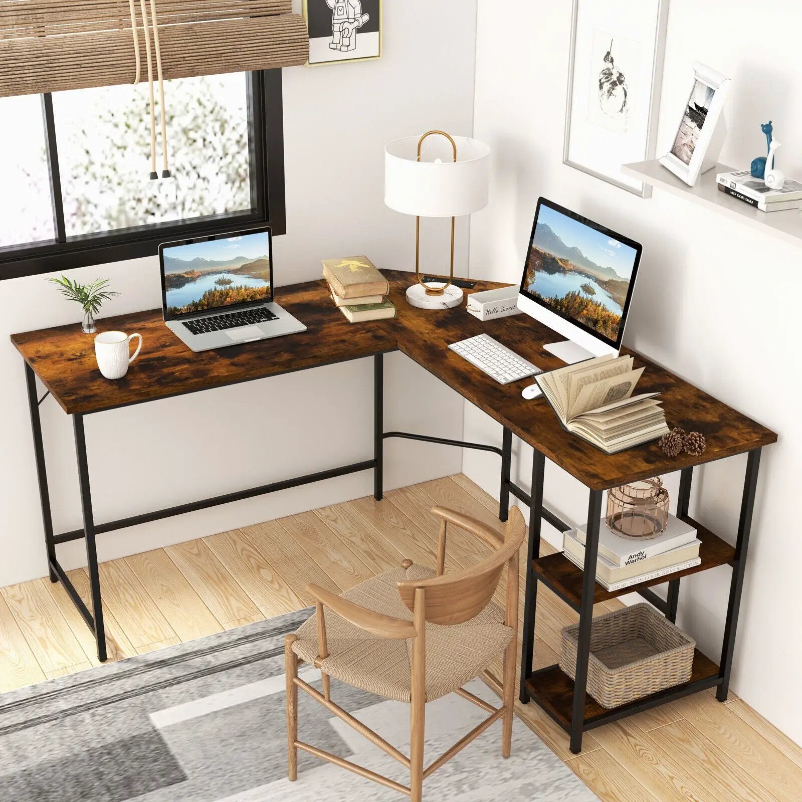 L Shaped Computer Desk with 2 Outlets and 2 USB Ports-Brown by DirectDeals