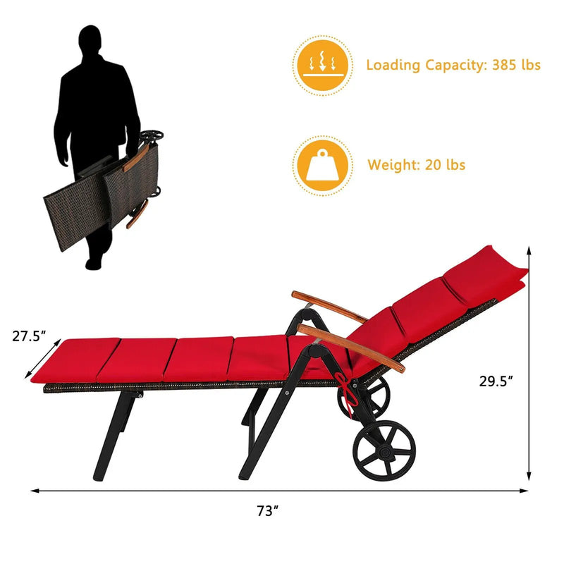 Folding Patio Rattan Lounge Chair with Wheels-Red by DirectDeals