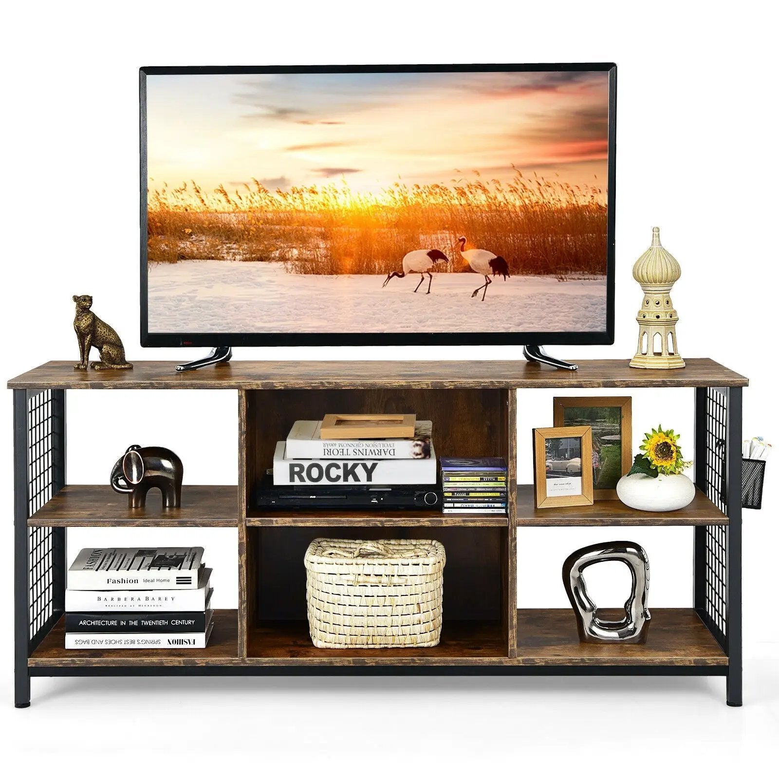 Mid-Century Wooden TV Stand with Storage Basket for TVs up to 65 Inch-Rustic Brown by DirectDeals
