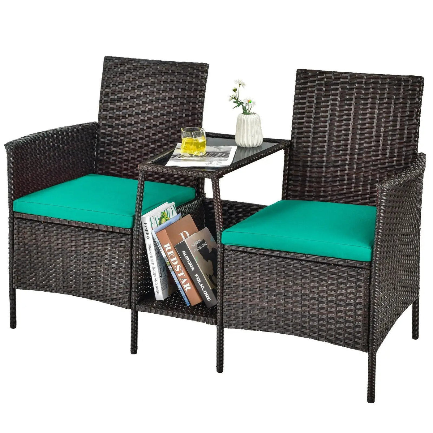 Patio Rattan Wicker Conversation Set Sofa Cushioned Loveseat Glass Table by DirectDeals