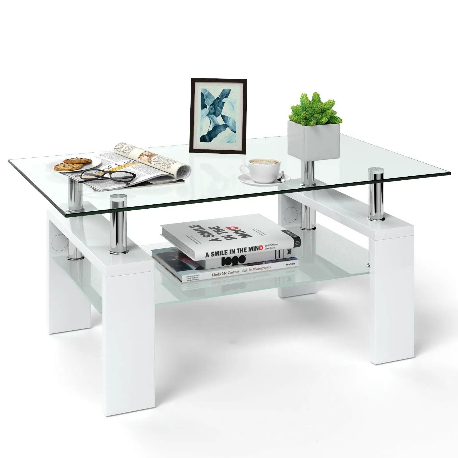 Rectangular Tempered Glass Coffee Table with Shelf by DirectDeals