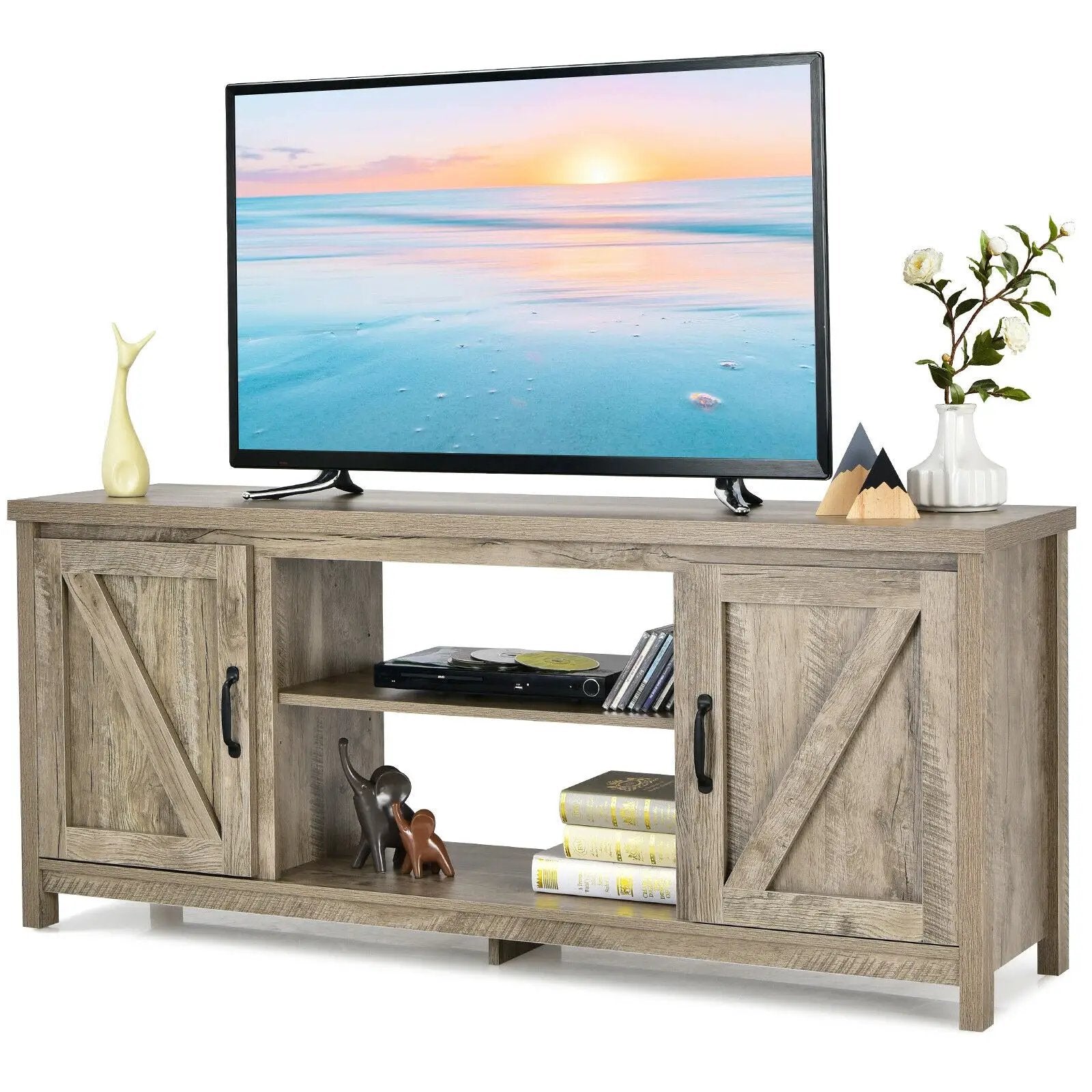 59 Inches TV Stand Media Console Center with Storage Cabinet-Natural by DirectDeals