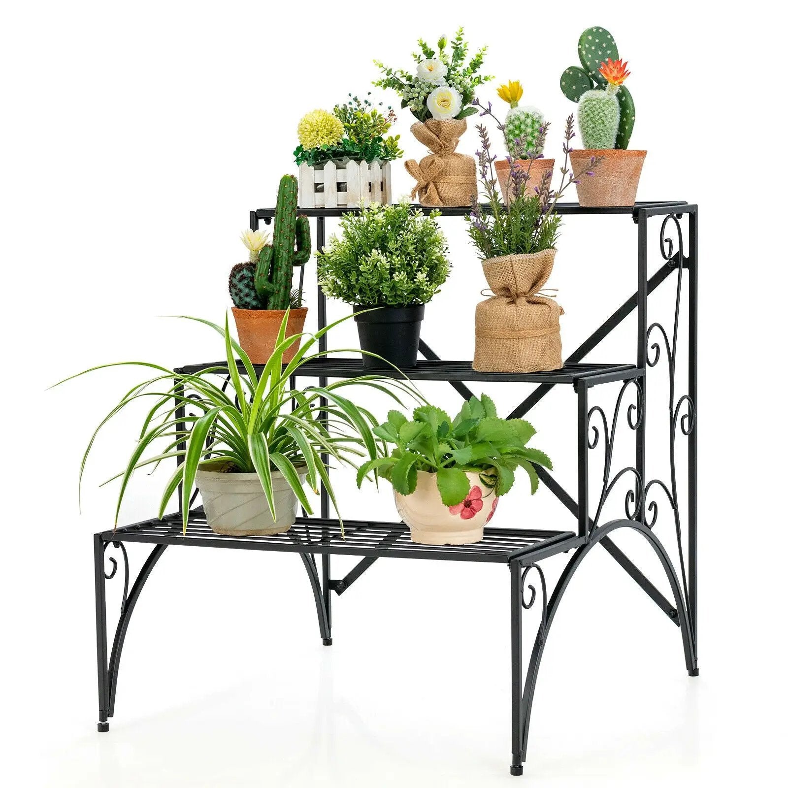 3-Tier Metal Plant Stand with Widened Grid Shelf for Porch Garden-Black by DirectDeals