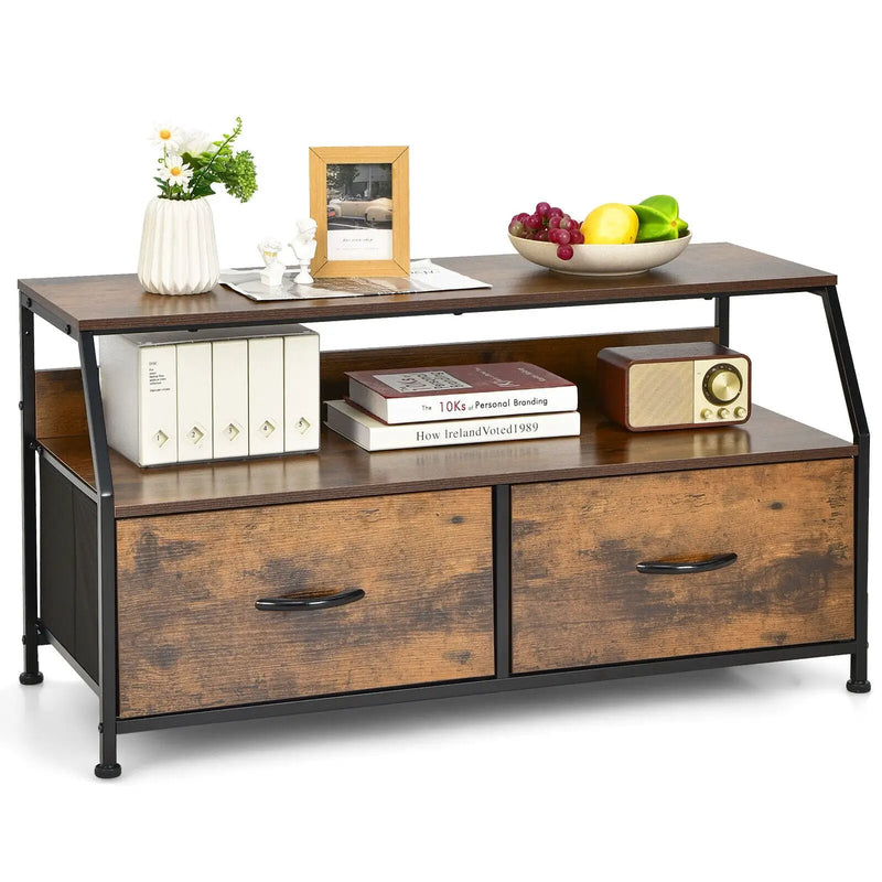 Dresser TV Stand with 2 Folding Fabric Drawers and Open Shelves-Rustic Brown by DirectDeals