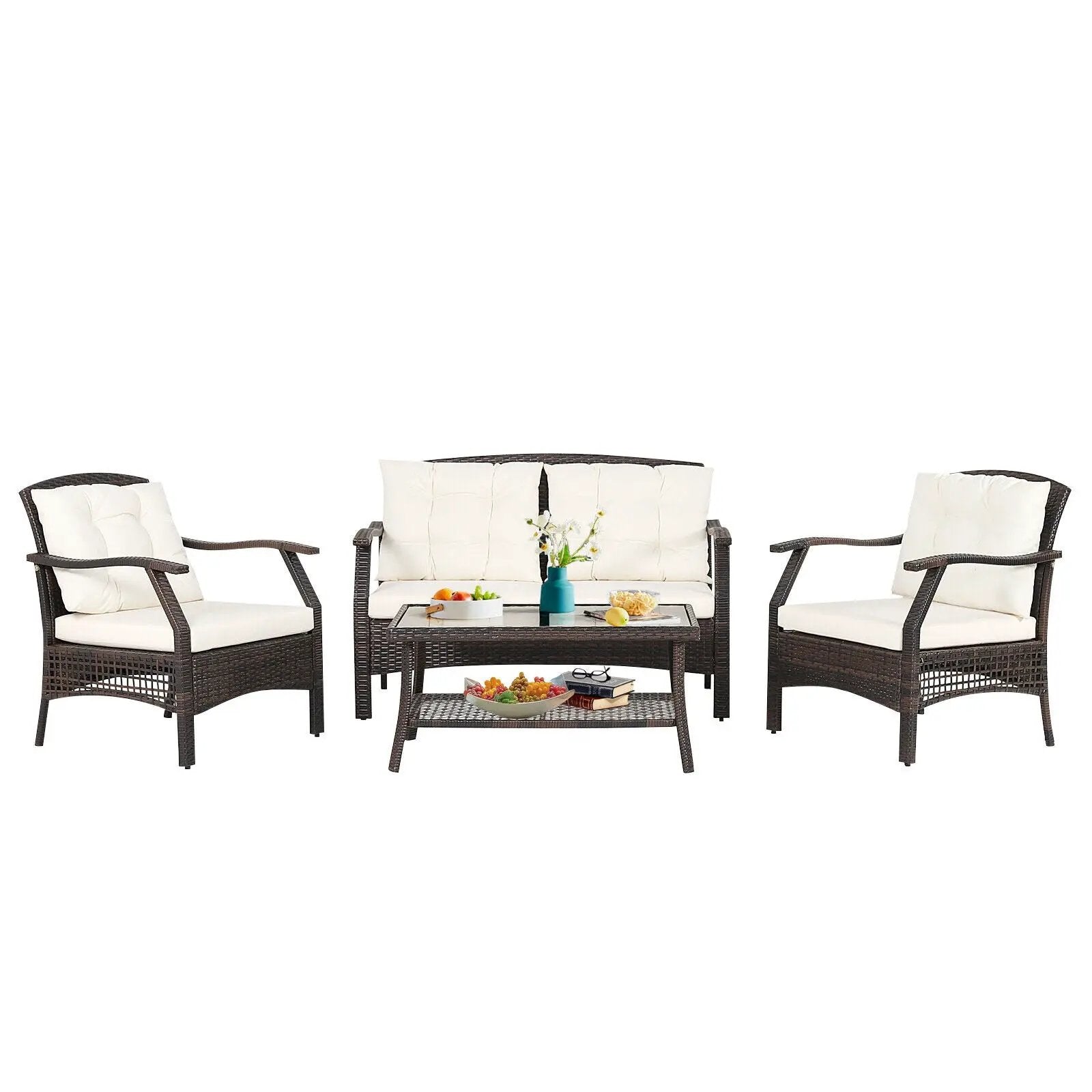 4 Pieces Outdoor Rattan Conversation Set with Protective Cover by DirectDeals