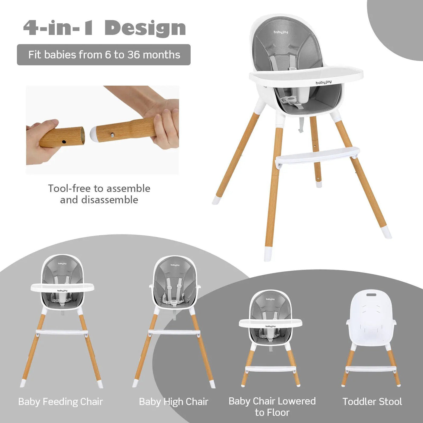 4-in-1 Convertible Baby High Chair Infant Feeding Chair with Adjustable Tray by DirectDeals