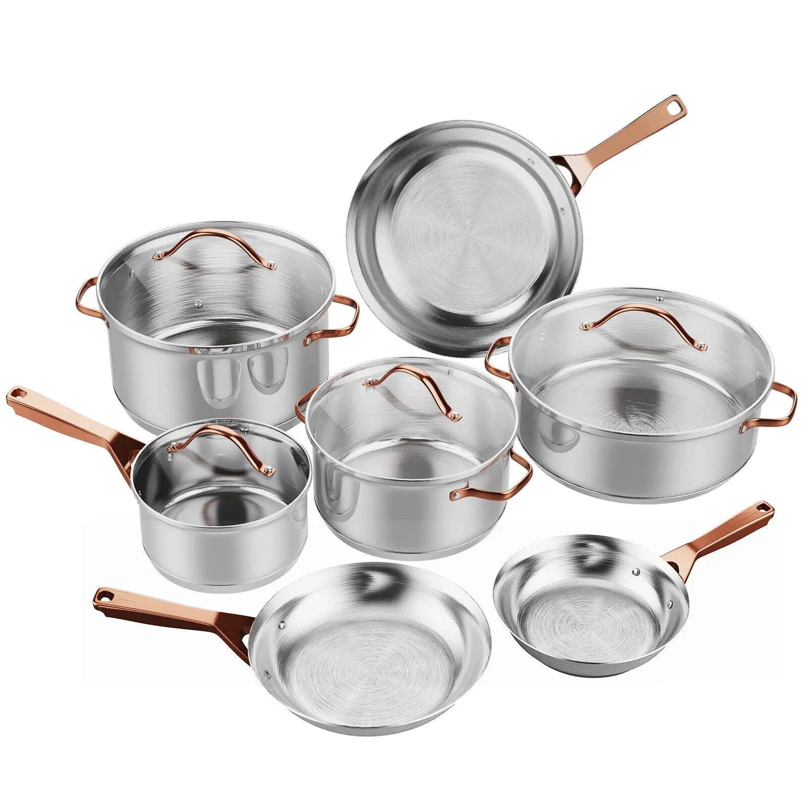 11 Pieces Stainless Steel Kitchen Cookware Set with Gold Stay-Cool Handles by DirectDeals