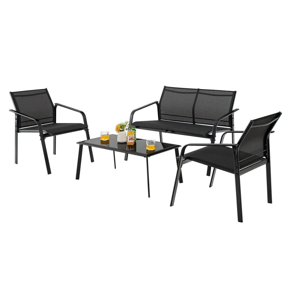 4 Pieces Patio Furniture Set with Armrest Loveseat Sofas and Glass Table Deck by DirectDeals