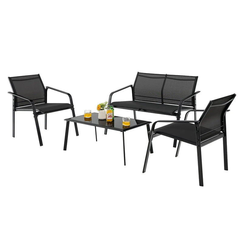 4 Pieces Patio Furniture Set with Armrest Loveseat Sofas and Glass Table Deck by DirectDeals