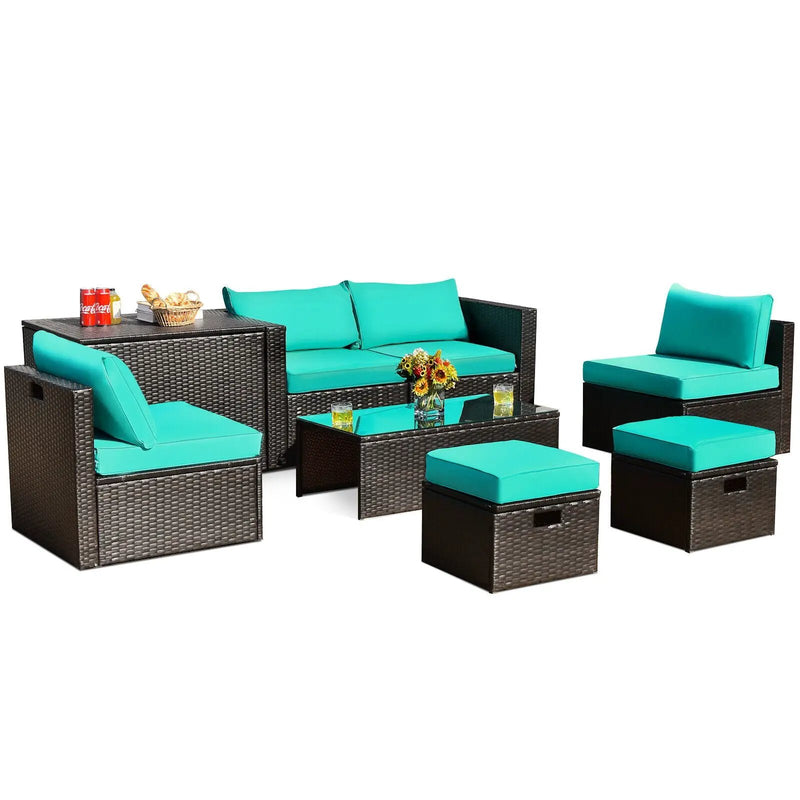 8 Pieces Patio Space-Saving Rattan Furniture Set with Storage Box and Waterproof Cover-Gray by DirectDeals