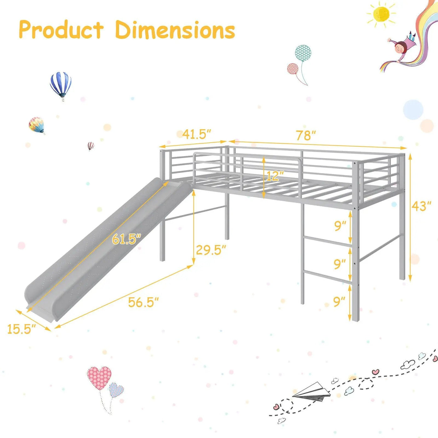 Twin Metal Loft Bed with Slide Safety Guardrails and Built-in Ladder by DirectDeals
