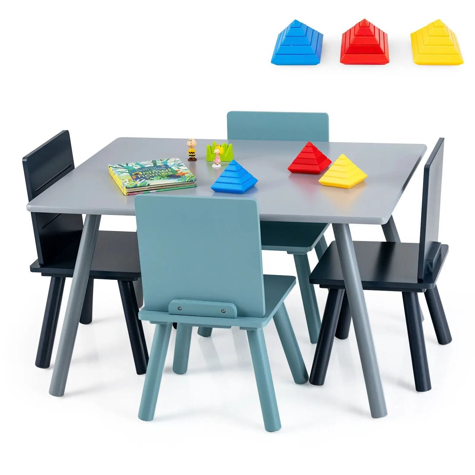 5 Pieces Kids Wooden Activity Play Furniture Set with Building Blocks-Blue by DirectDeals