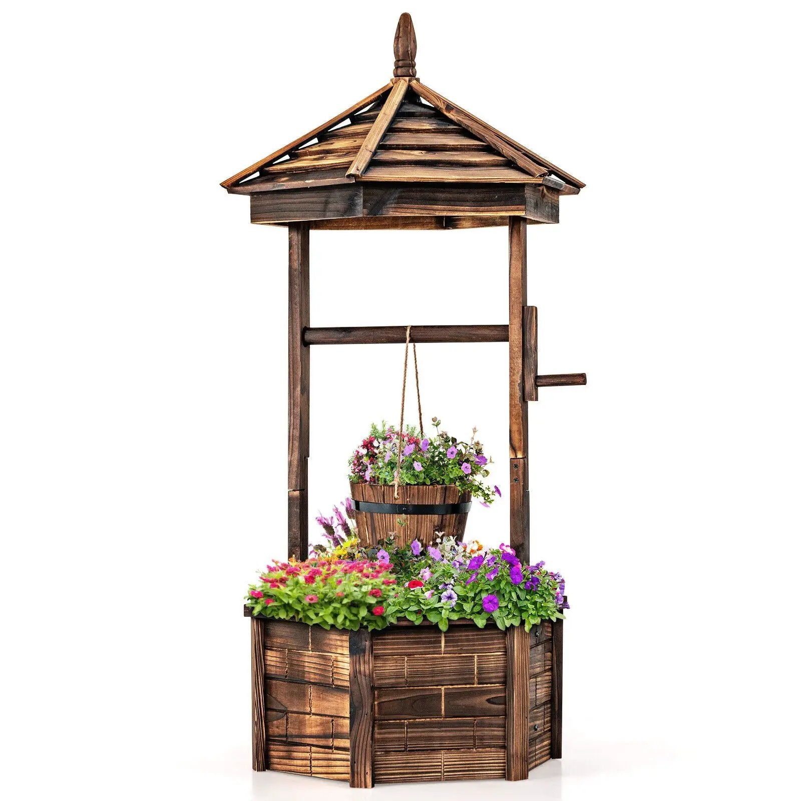 Rustic Wooden Wishing Well with Adjustable Hanging Bucket-Brown by DirectDeals