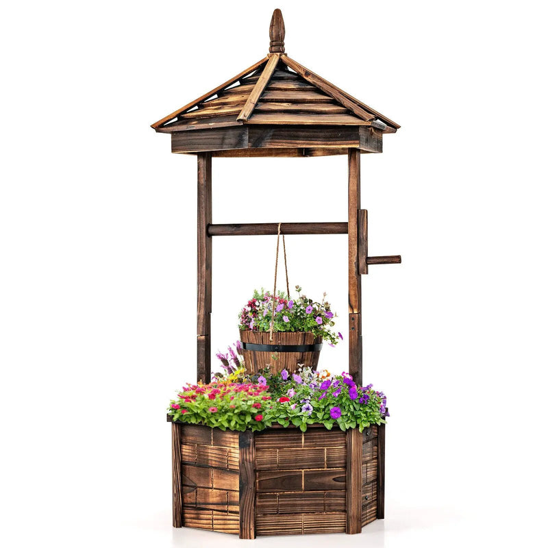 Rustic Wooden Wishing Well with Adjustable Hanging Bucket-Brown by DirectDeals