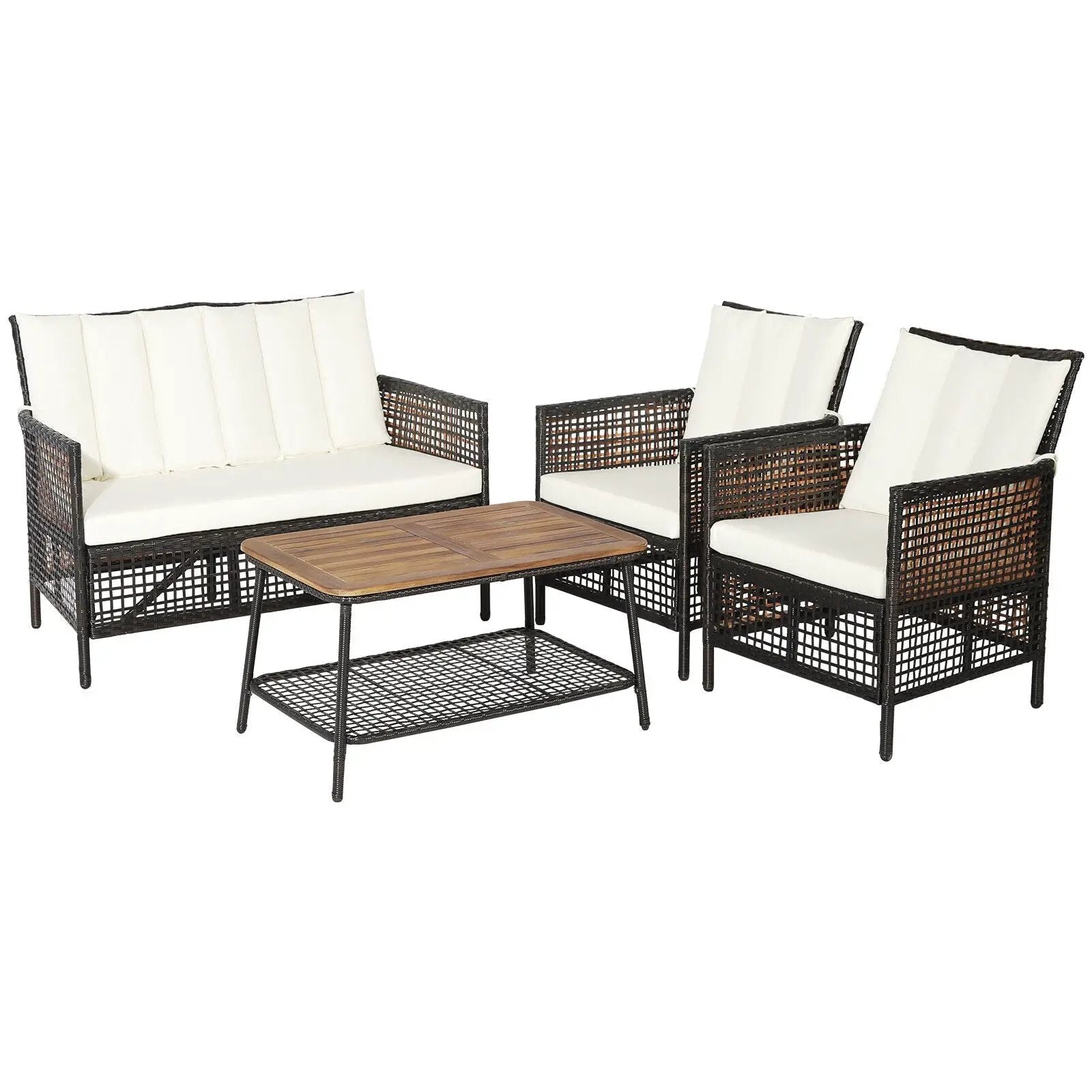 4 Pieces Patio Rattan Furniture Set with 2-Tier Coffee Table-White by DirectDeals