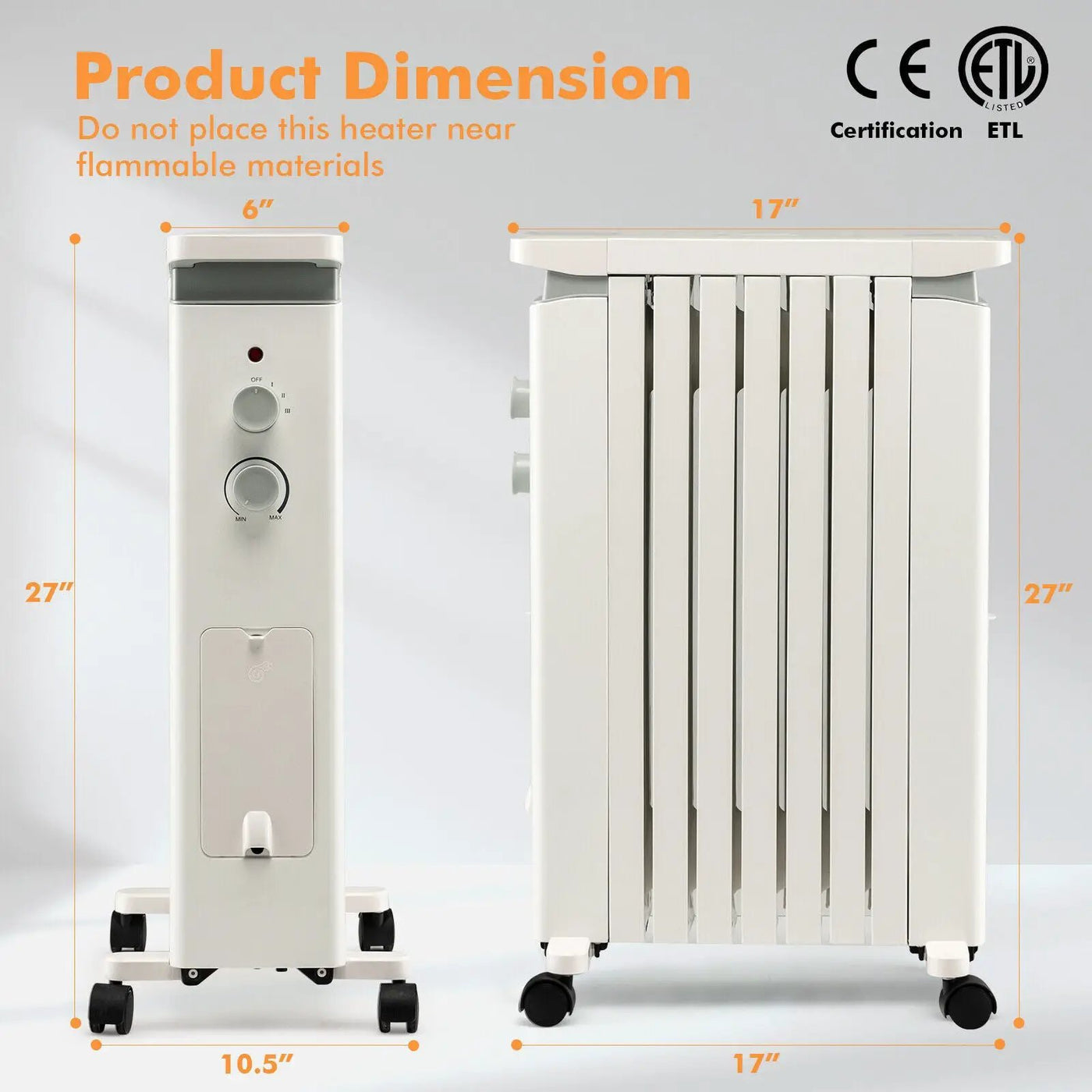 1500W Portable Oil Filled Radiator Heater with 3 Heat Settings by DirectDeals