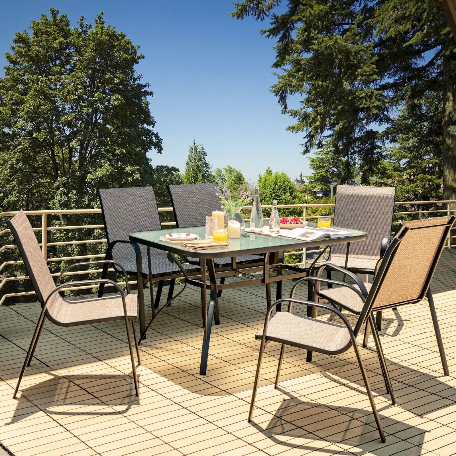 55 x 35 Inch Patio Dining Rectangle Tempered Glass Table with Umbrella Hole by DirectDeals
