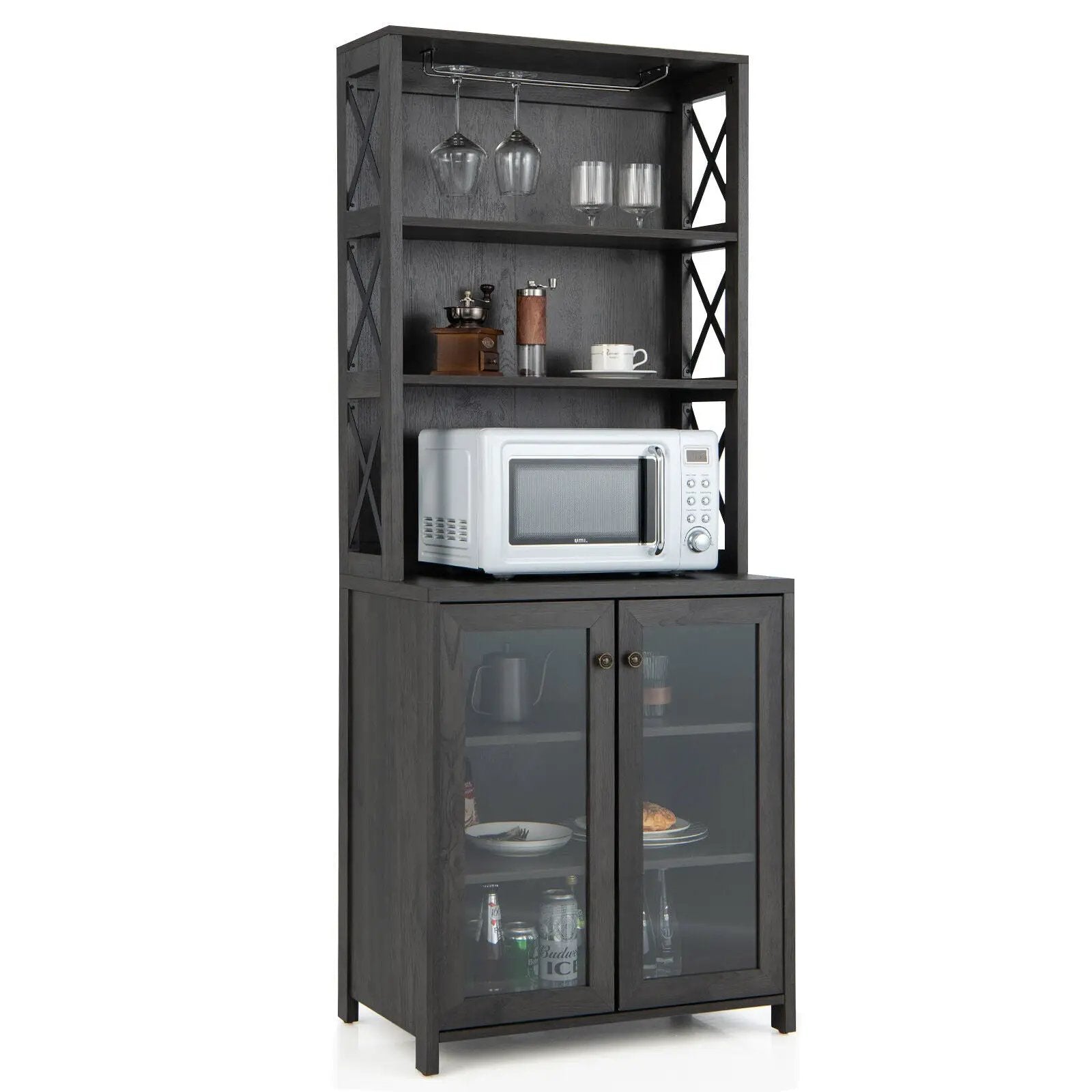 Tall Freestanding Bar Cabinet Buffet with Glass Holder and Adjustable Shelf-Gray by DirectDeals