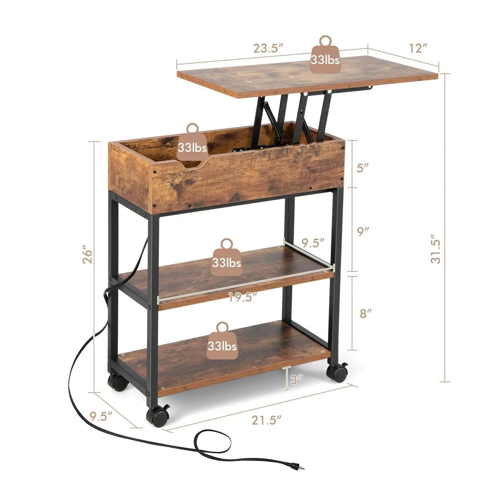 Lift Top End Table with Charging Station and Universal Wheels-Rustic Brown by DirectDeals