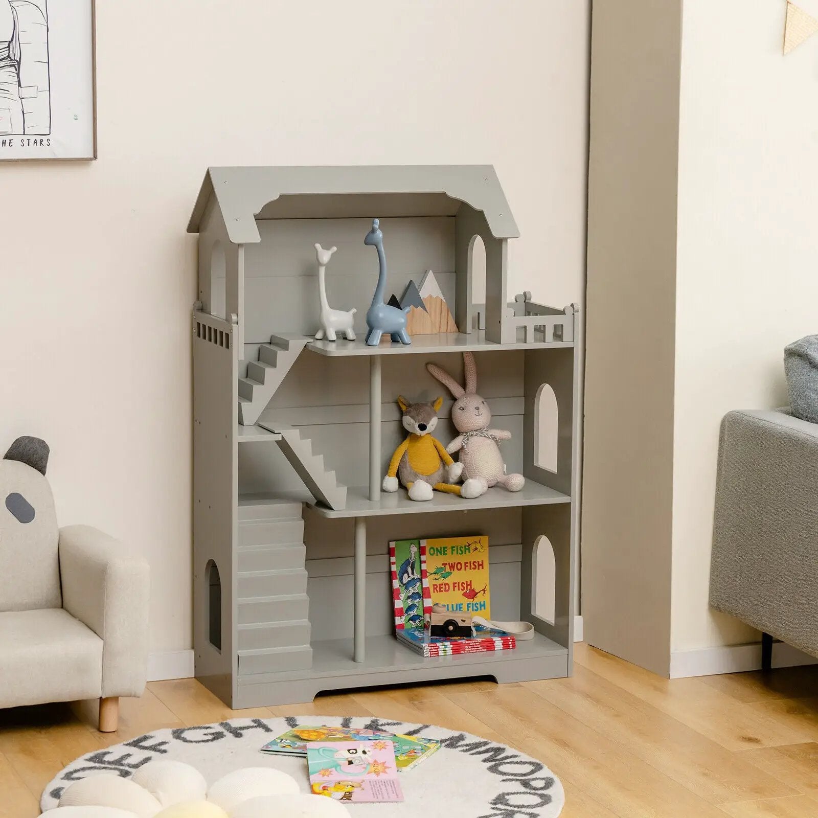 Kids Wooden Dollhouse Bookshelf with Anti-Tip Design and Storage Space by DirectDeals