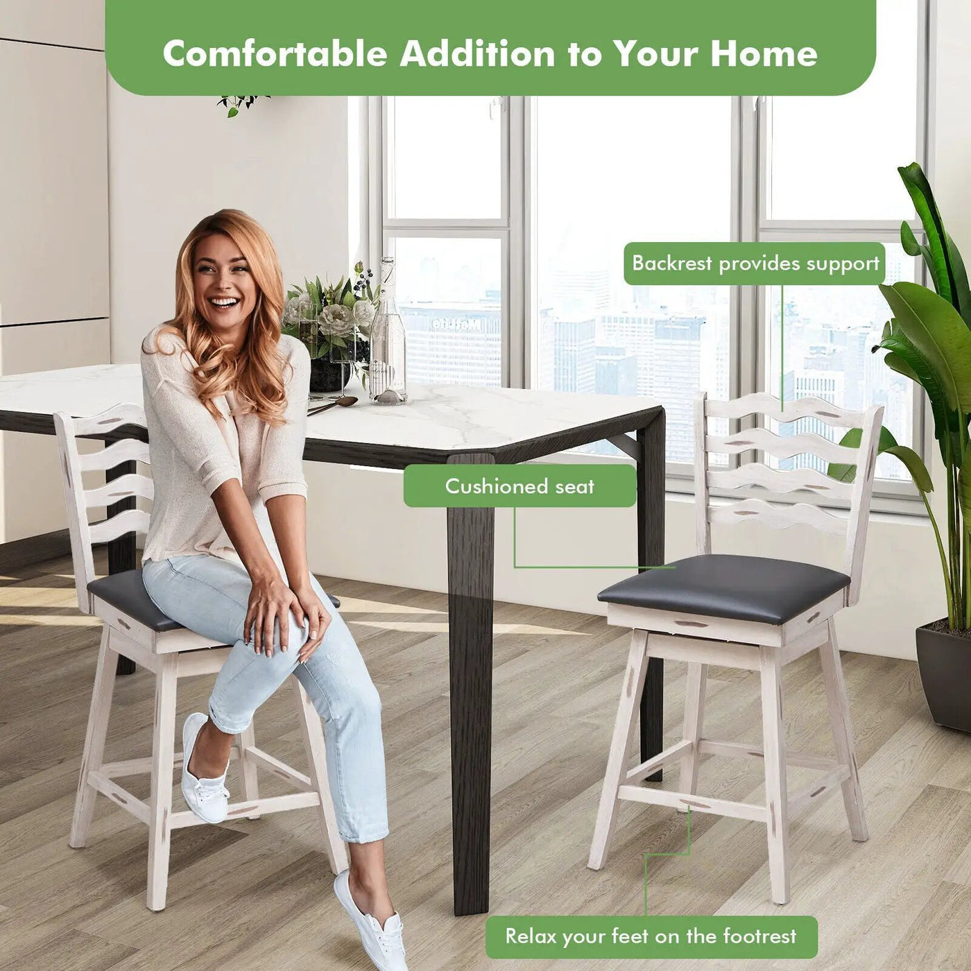 360° Swivel Bar Stools with Rubber Wood Frame and Ergonomic Backrest and Footrest by DirectDeals