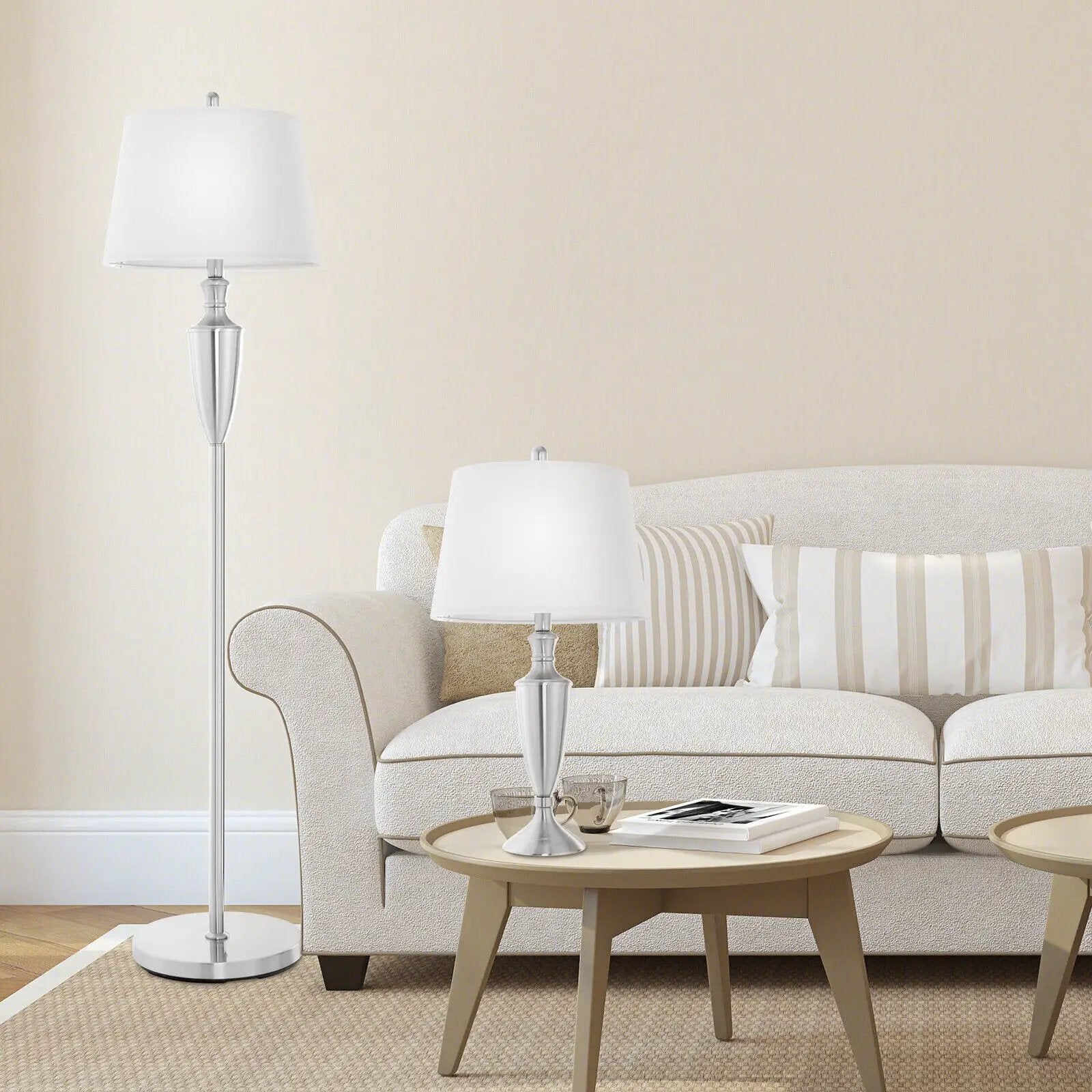 3 Piece Lamp with Set Modern Floor Lamp and 2 Table Lamps-Silver by DirectDeals
