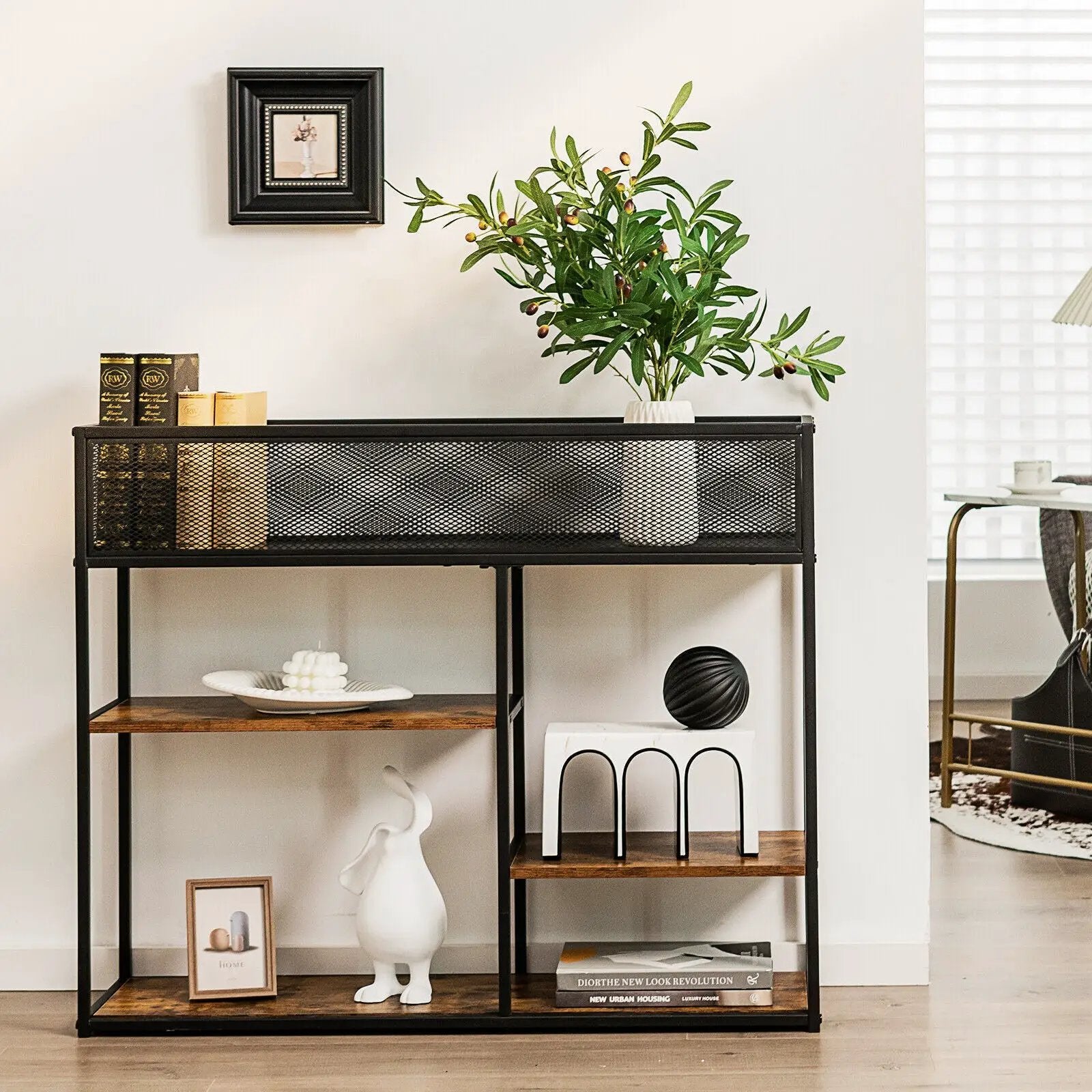 4-Tier Industrial Console Table with Wire Basket and shelf-Rustic Brown by DirectDeals
