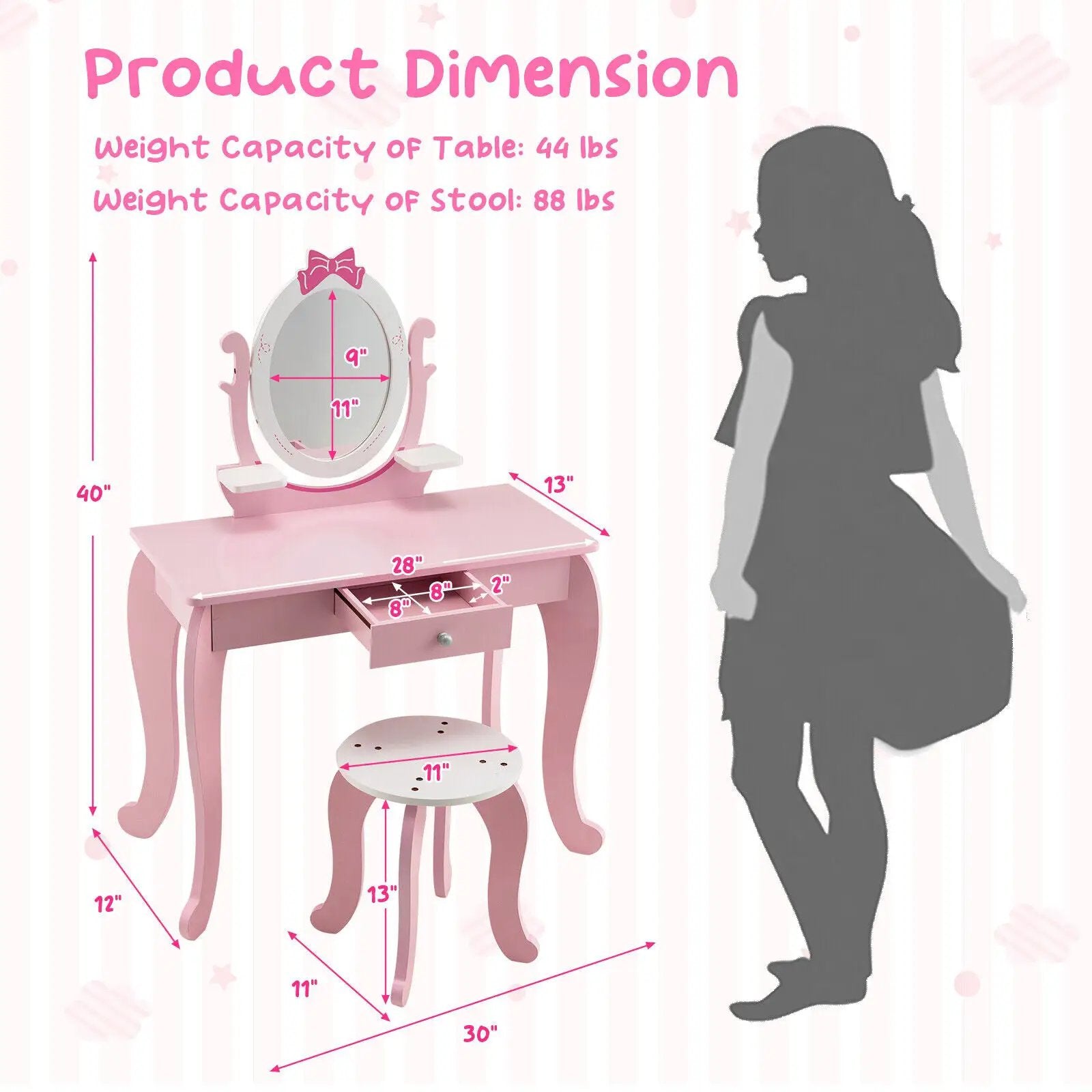 Kid Vanity Table Stool Set with Oval Rotatable Mirror-Pink by DirectDeals