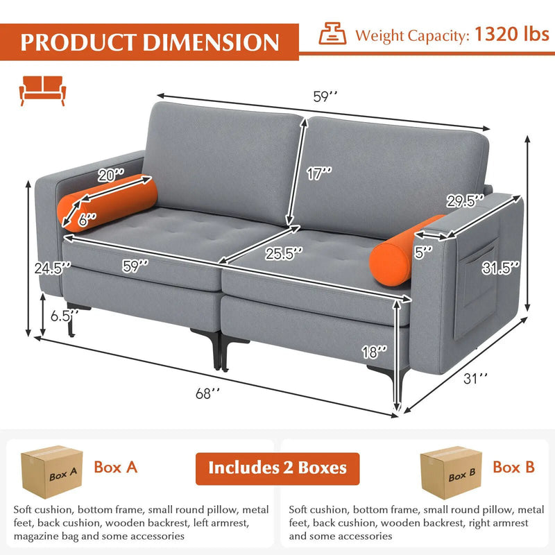 Modern Loveseat Sofa with 2 Bolsters and Side Storage Pocket-Gray by DirectDeals