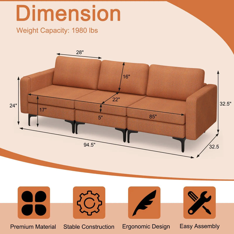 3-Seat Sectional Sofa Couch with Armrest Magazine Pocket and Metal Leg by DirectDeals