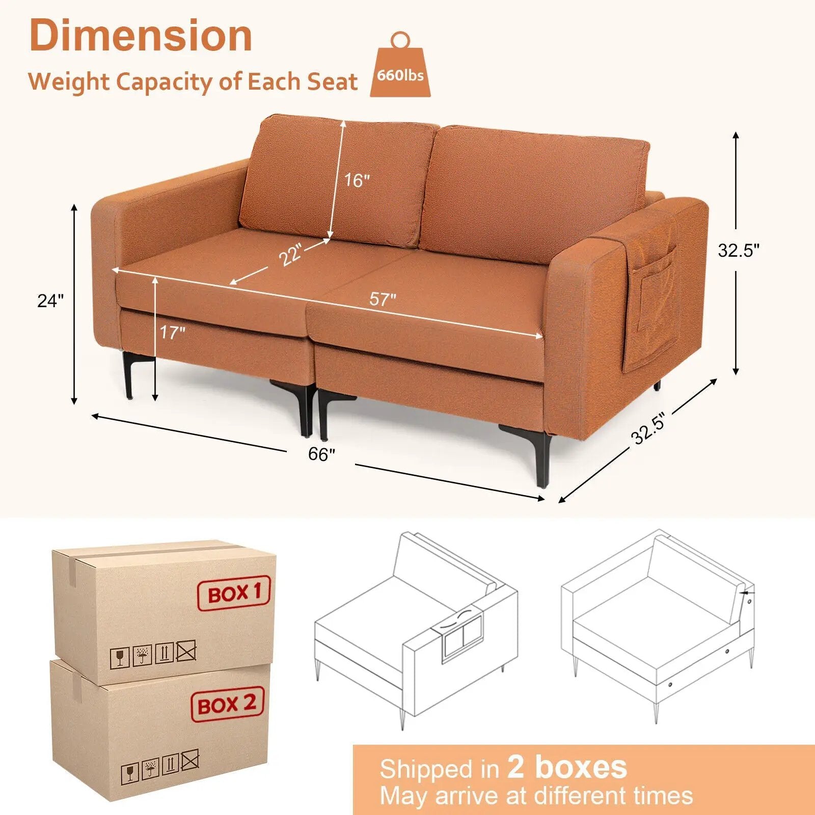 Modern Loveseat Sofa Couch with Side Storage Pocket and Sponged Padded Seat Cushions by DirectDeals
