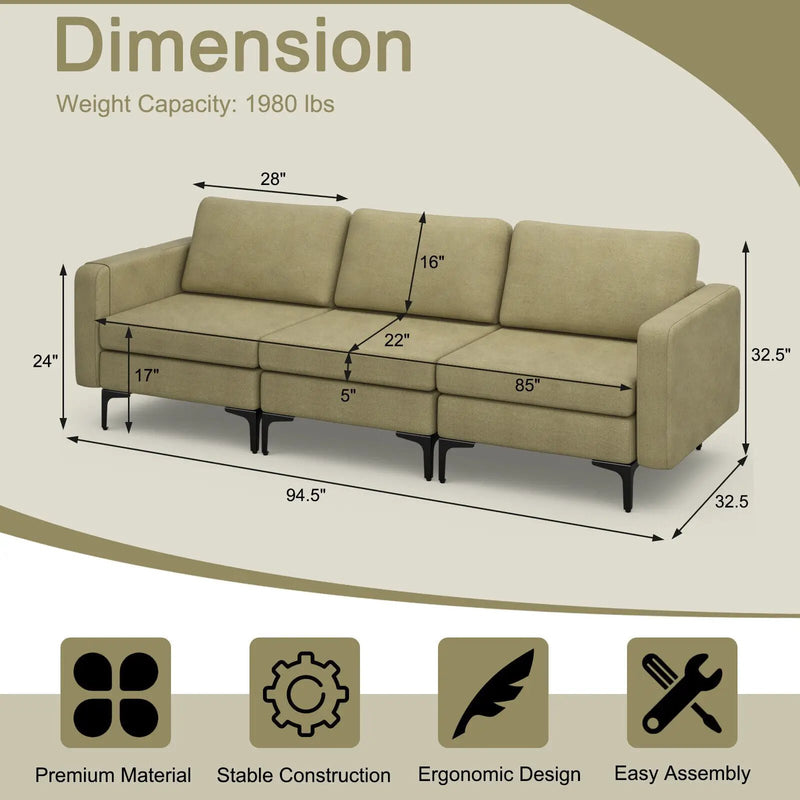 3-Seat Sectional Sofa Couch with Armrest Magazine Pocket and Metal Leg by DirectDeals