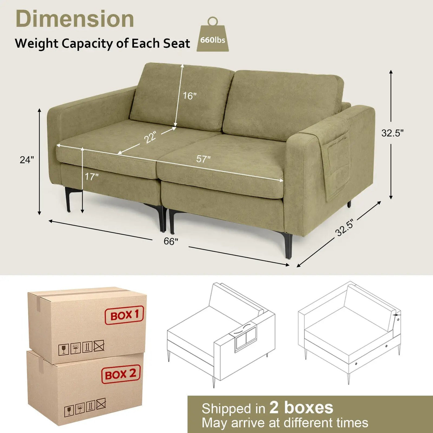Modern Loveseat Sofa Couch with Side Storage Pocket and Sponged Padded Seat Cushions by DirectDeals