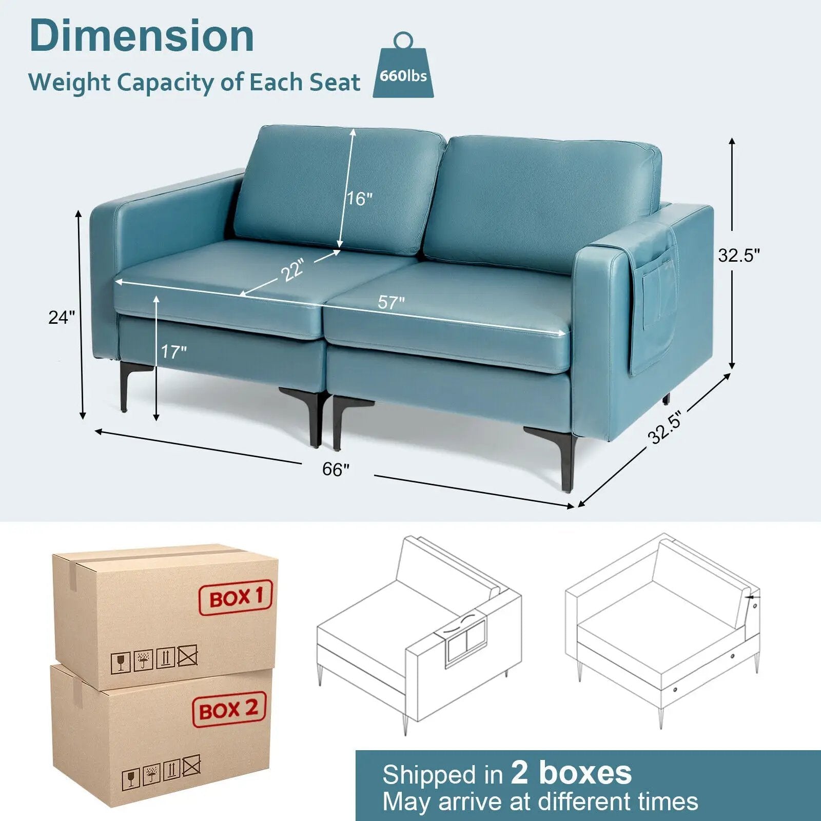 Modern Loveseat Sofa Couch with Side Storage Pocket and Sponged Padded Seat Cushions by DirectDeals