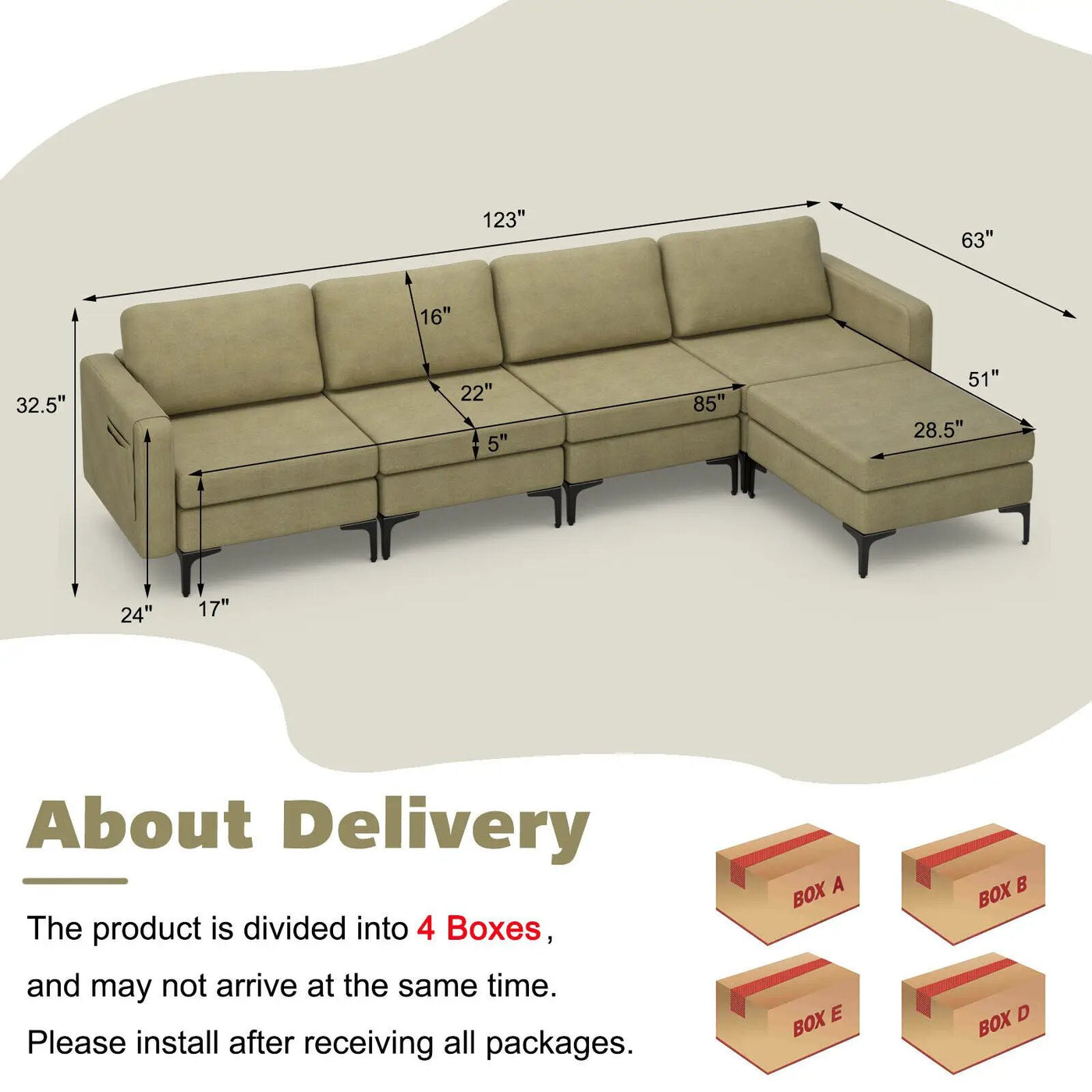 Modular L-shaped Sectional Sofa with Reversible Ottoman and 2 USB Ports by DirectDeals